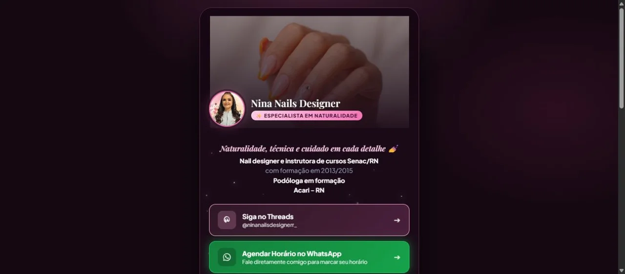 Site Nina Nails Designer com apresentação e galeria de unhas